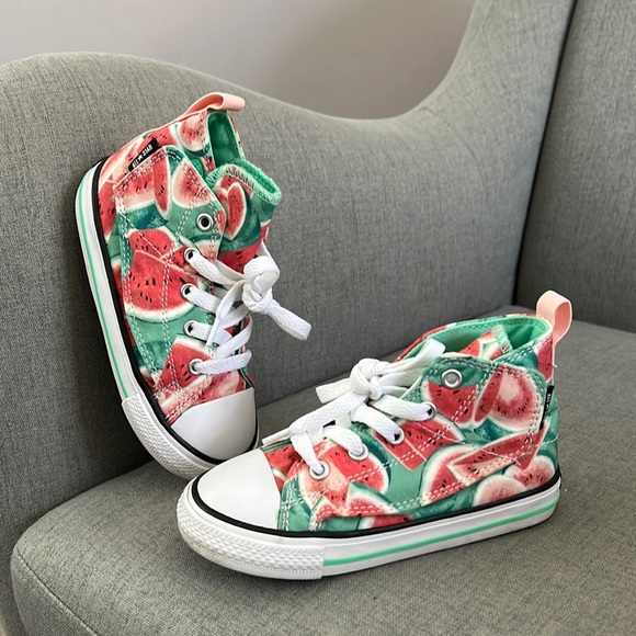 Converse Other - Converse pink watermelon print high top velcro closure toddler sneaker size 9